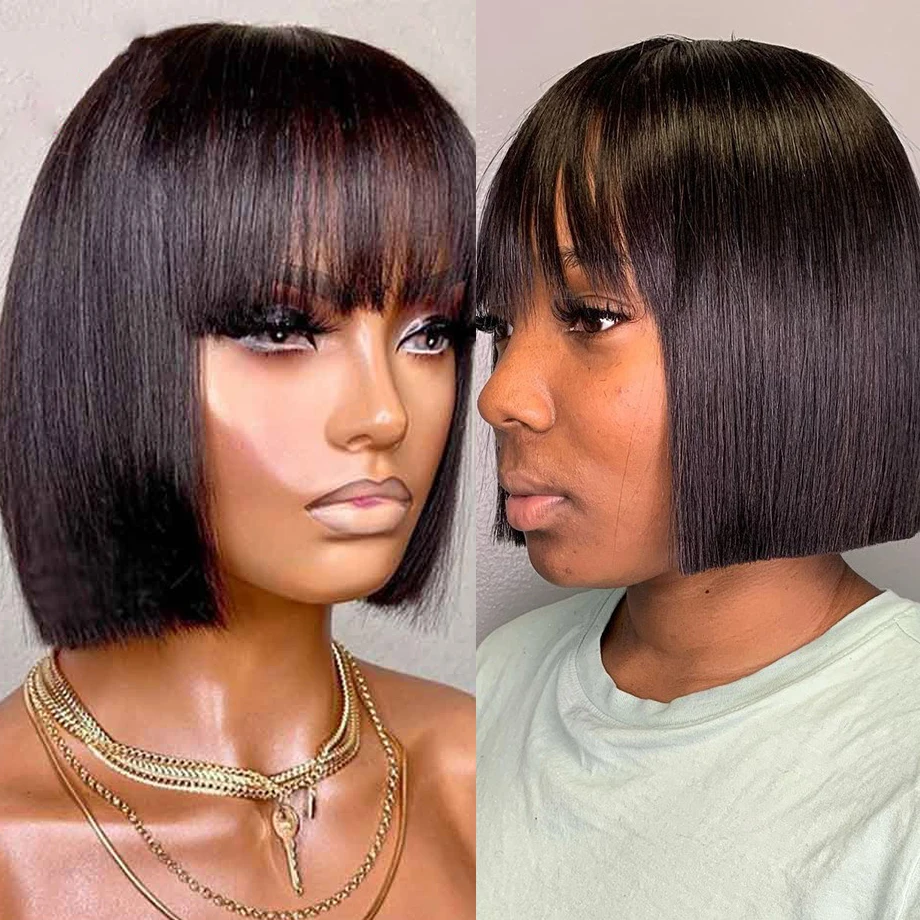 

Short Bob Wig With Bangs Straight Brazilian Human Hair Wigs For Black Women Natural Glueless Full Machine Made Cheap Fringe Wig