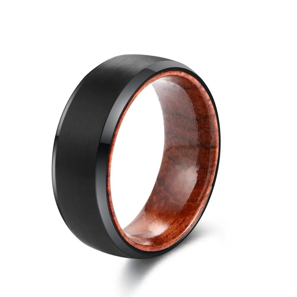 POYA TUNGSTEN Ring Black 8mm Men's Wedding Band Beveled Edges Rosewood Liner Comfort Fit