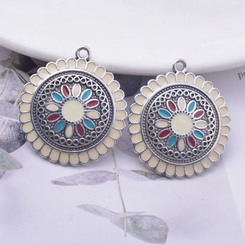 12pcs/lot 30*27mm  Alloy Ancient Silver plated Round Enamel Charms Ear Pendant DIY Bohemian Style  Jewelry Earring Components