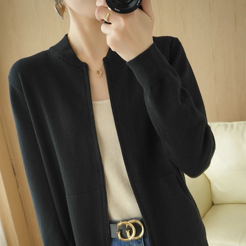 Zipper Cashmere Sweater Cardigan Women Stand-Up Collar Loose Solid Knit Sweater Jacket Female Tops Autumn Red