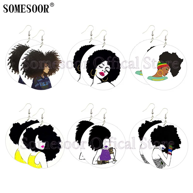 

SOMESOOR Amazing Black Hair Art Printing Wood Drop Earrings Large Curly Afro Lady Designs African Wood Hoops For Women Gifts