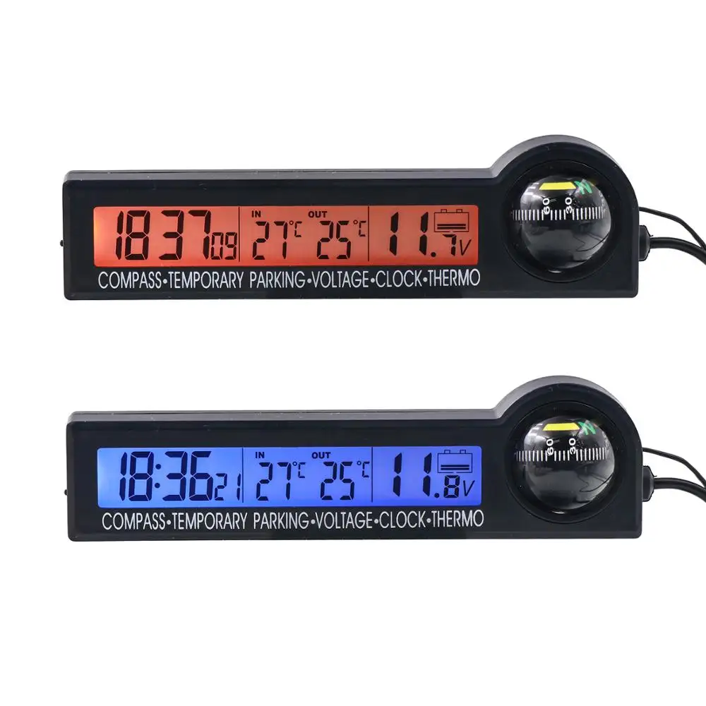 Car Digital Compass Clock Thermometer 12V Voltage Meter LCD Backlight Icing Alarm Temporary Parking Decor