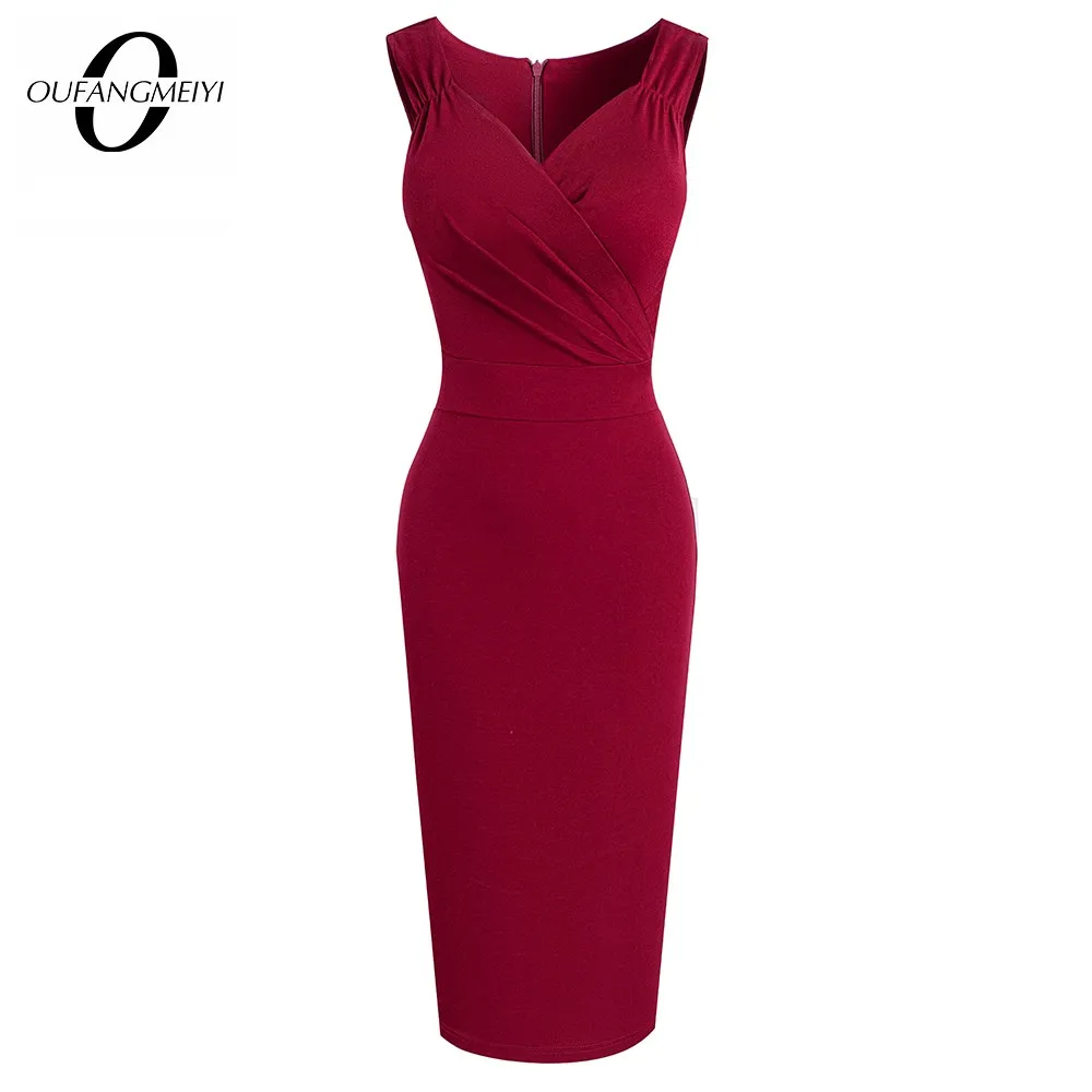 Women Sexy Charming Pure Color Sleeveless Low Cut Shirring Wrap Bodycon Pencil Dress EB669