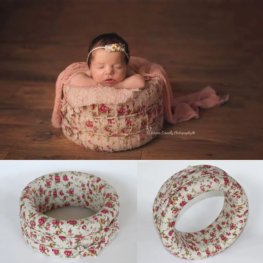 Newborn Baby Photography Props Basket Broken Flower Ring Pastoral Style Photo Studio Shooting Round Newborn Photo Basket