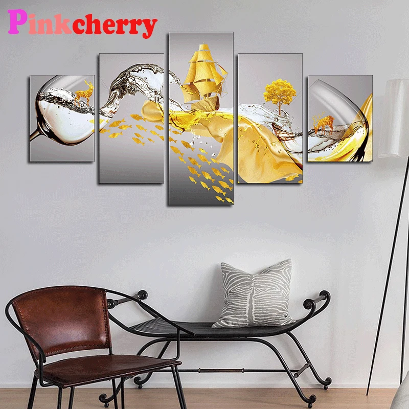 5 piece Abstract Modular Golden Ship Full Square/Round 5d Diamond Painting Wall Decor DIY Diamond Embroidery Handmade Gif