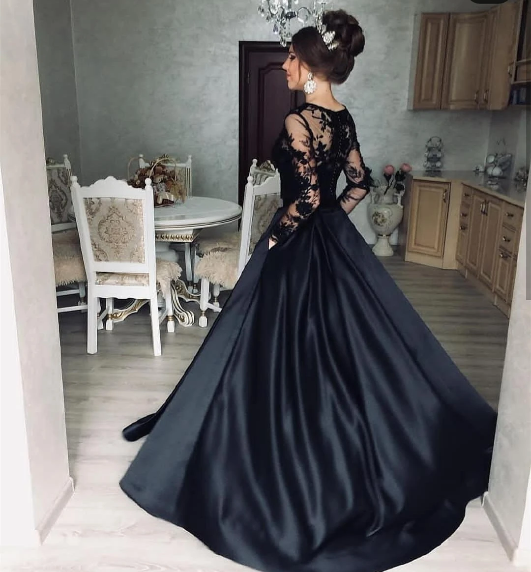 2025 vestido de noite preto manga longa a linha cetim rendas apliques feminino vestidos de festa de baile personalizado robe de soiree