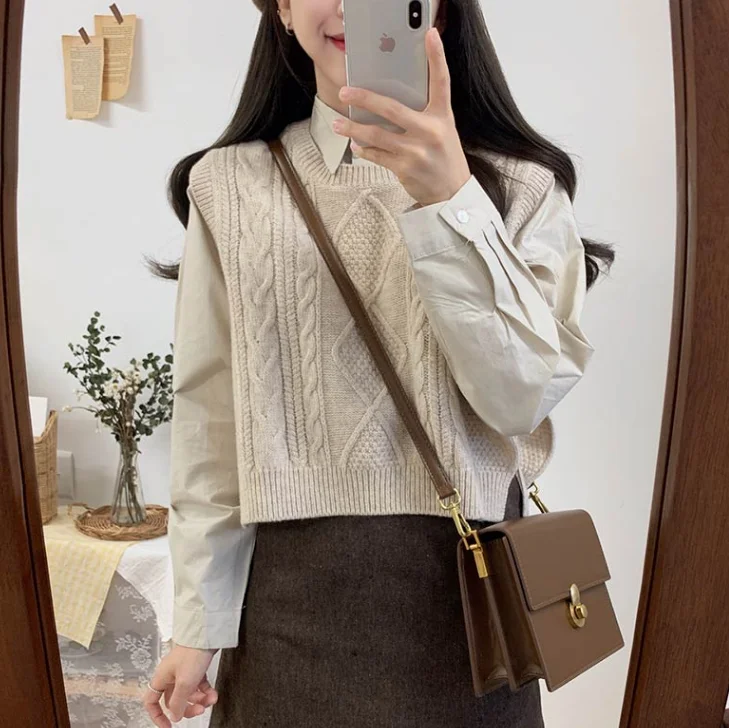 Winter Spring Basic Wear Tops Knitted Sweater Women Fashion Sleeveless Vest Design Brown Knitting Vest Korea Style 9802