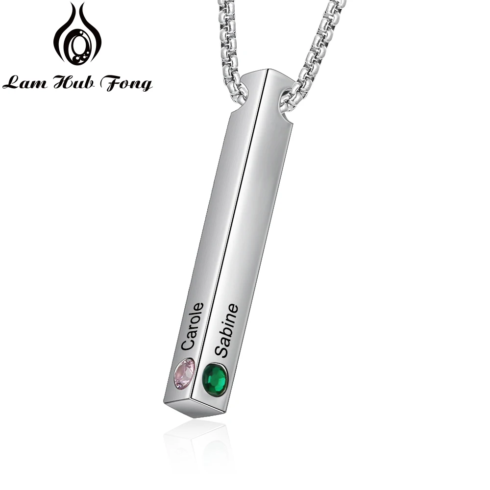 Personalized Vertical Bar Necklace with Birthstone Custom Engraved Name Necklace for Women 4 Sides Jewelry Gift (Lam Hub Fong)