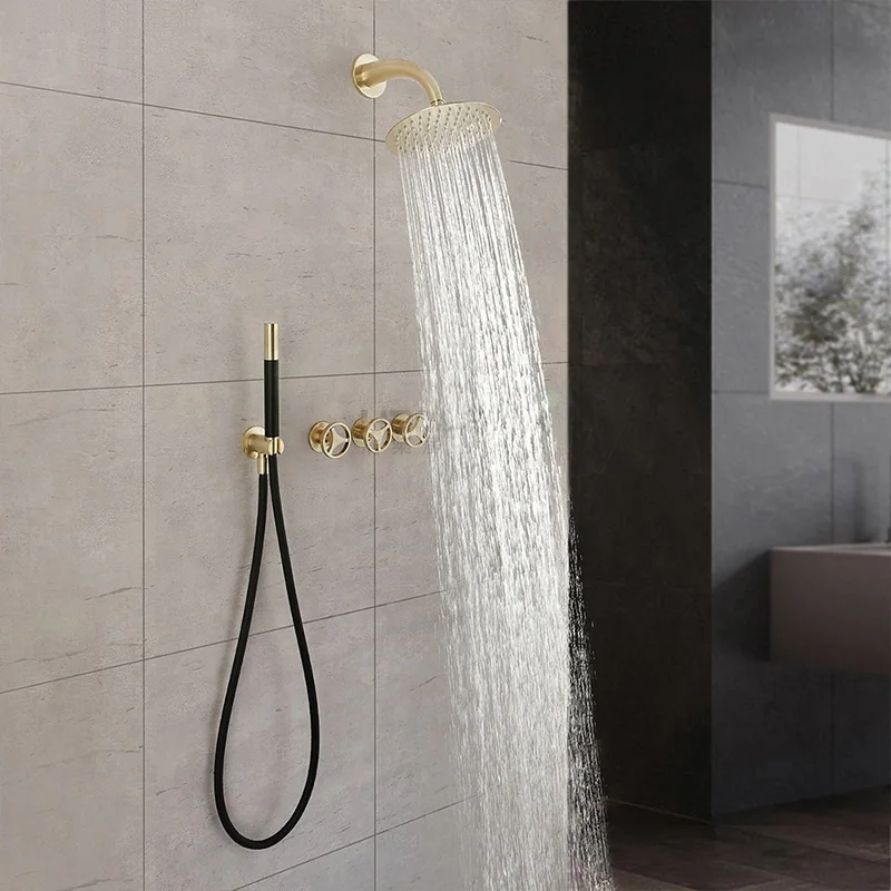 

2020 new Nordic simple brushed brass gold shower set wall mounted concealed hot and cold shower faucet with hand shower set