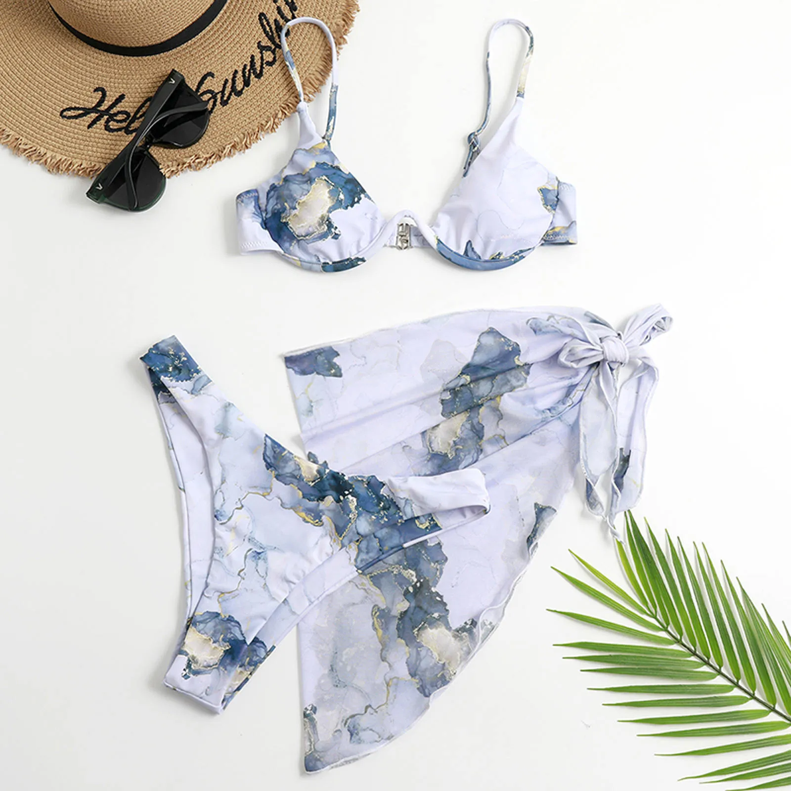 New In Women's Tie-dye Printed Cross-tie Chiffon Three-piece Sexy Split Bikini Swimsuit Biquinis Bathing Suits Sexy Bikini Set