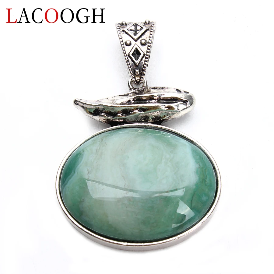 Lacoogh Wholesale Retro Blue Striped Natural Stone Antique 42*61mm Necklaces Pendants for Women Men DIY Crafts Jewelry Findings