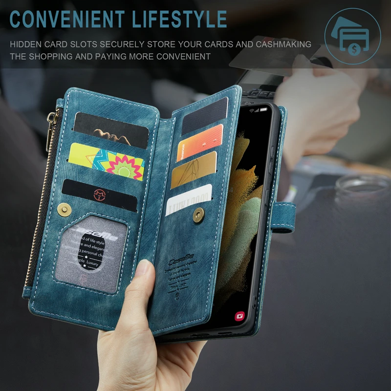 Galaxy Z Fold 5 4 3 Case For Samsung A24 A72 S23 S22 Ultra S20 Credit Card Holder Strap Zipper Wallet Leather Z Fold 4 5 Case