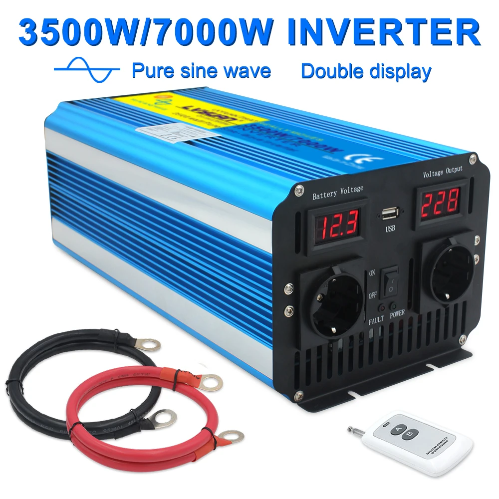 Pure Sine Wave Power Inverter 7000W 12V/24V 220V 50HZ/60HZ  Auto Inversor High Frequency LED Display USB Charging Dual EU Socket