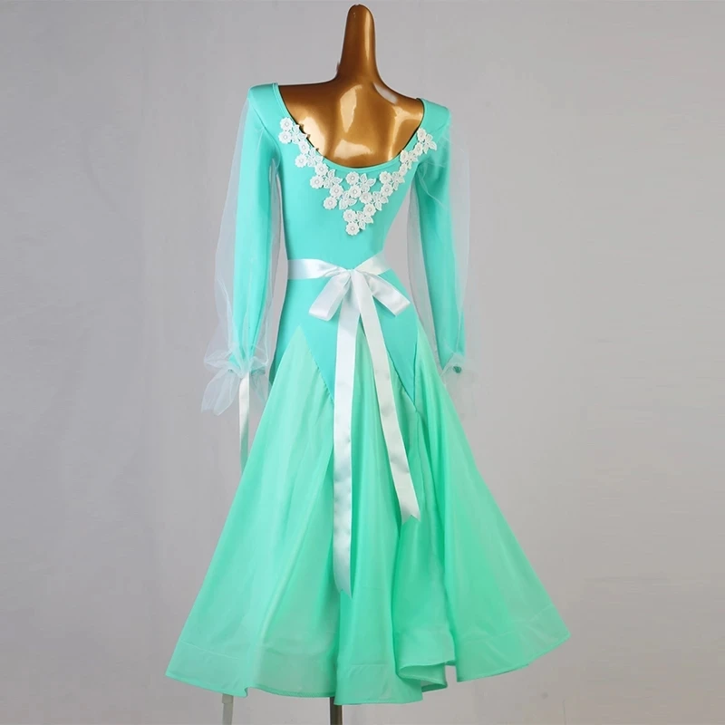 Waltz Ballroom Bell Sleeve Chiffon Dance Practice Costume Light Green Evening Dress Concert Ballroom Dance Costume