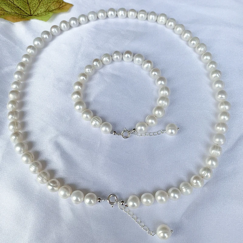 ZHRUKAN 9-10mm Natural Freshwater Pearl Jewelry Set Real 925 Sterling Silver Necklace Bracelet For Women Fashion Gift