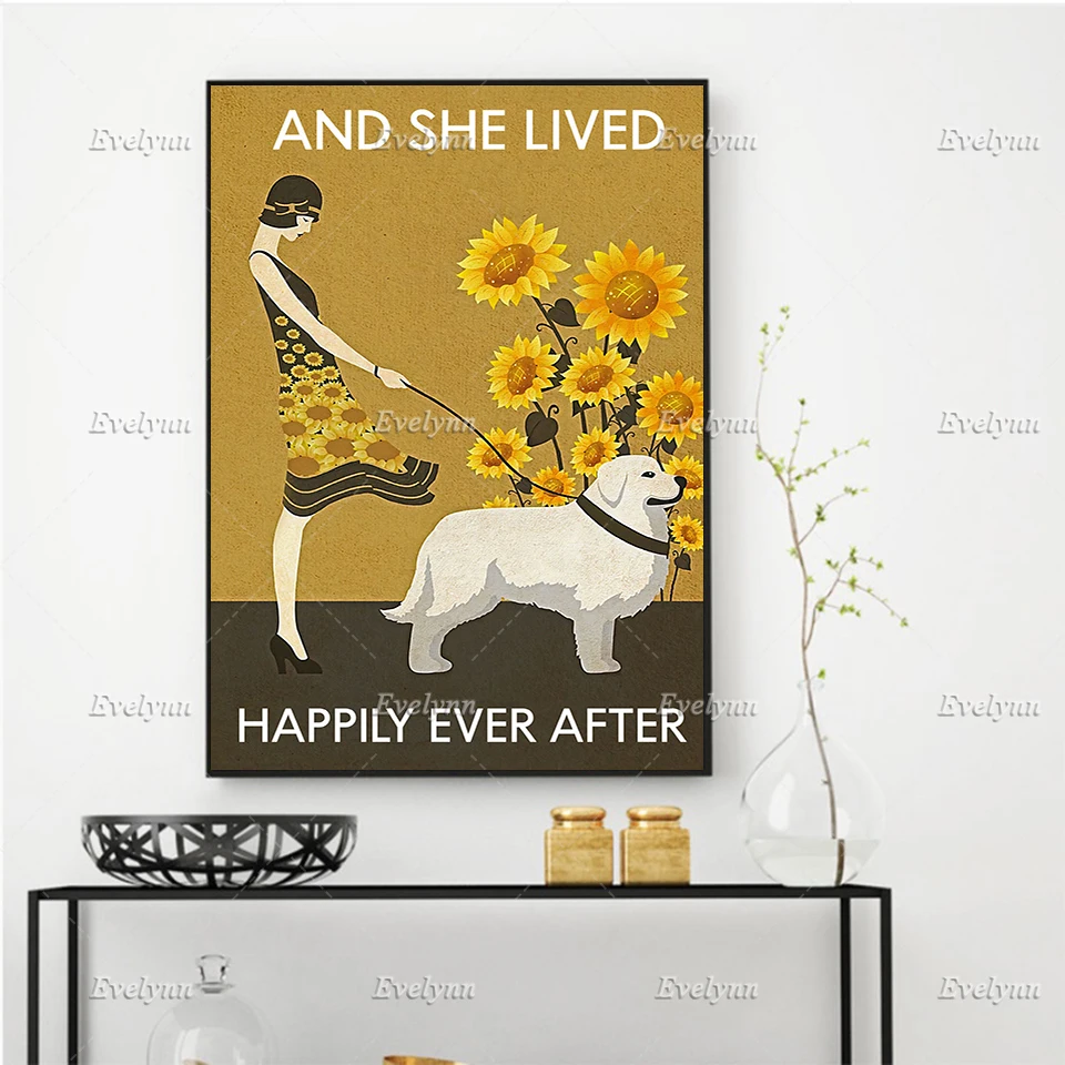 Sunflower Girl And White Dog - And She Lived Happily Ever After Poster, Vintage Wall Art Prints Home Decor Canvas Floating Frame