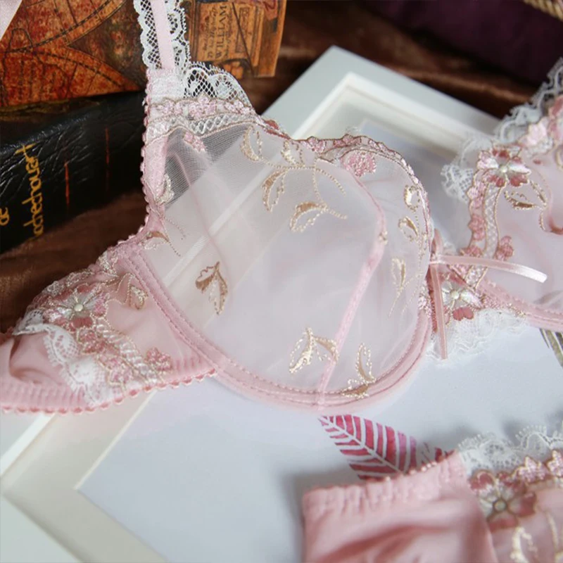 Sexy Lingerie Exquisite Embroidery Lotus Ultra-thin Sexy Large Size Lingerie Ladies Lace Transparent underwear bra set