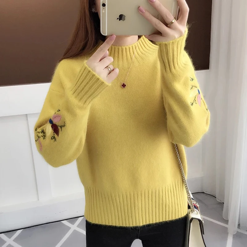 Winter Half Turtleneck Knitted Sweater Korean Pullover Women Clothes Fashion Embroidery Flower Pull Femme Loose Ladies Tops H818