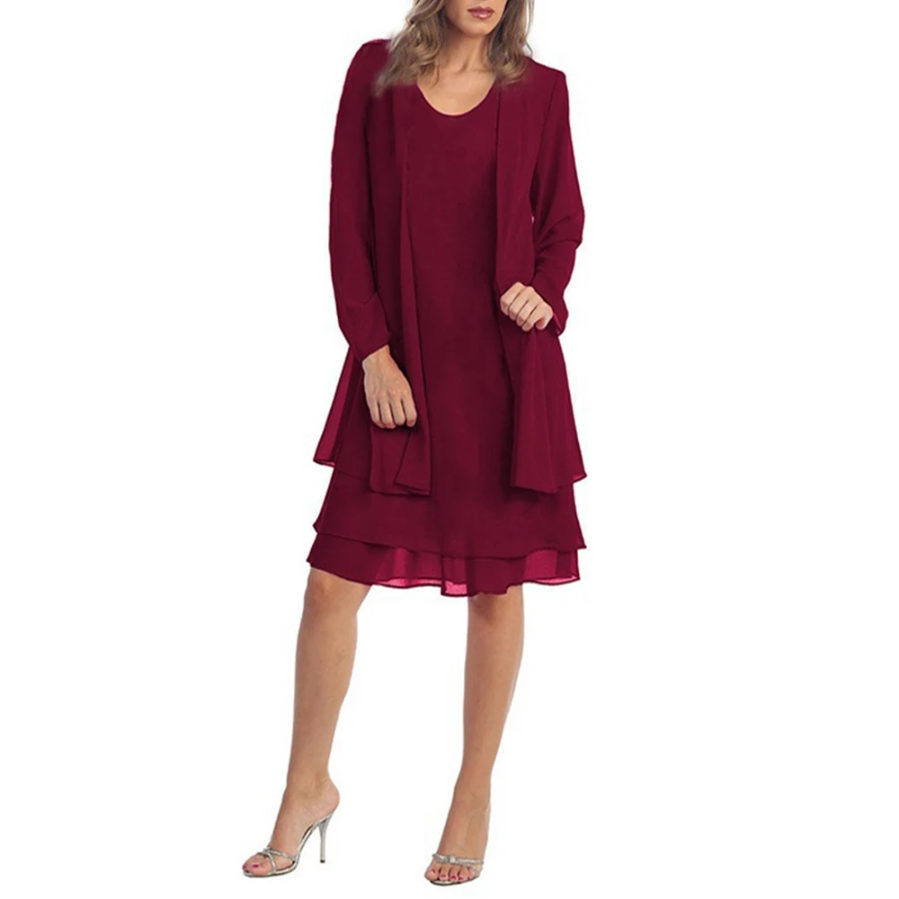 2-delige chiffon jurk set vrouwen casual lange mouw effen vest jurk elegante bruiloft avond feestjurken kleding vestidos