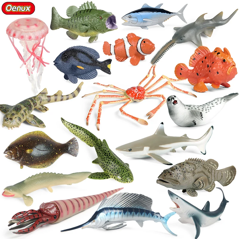 Oenux 바다 해파리 상어 물개 게 흰동가리 참치 바다 생물 동물 모델 액션 피규어, PVC 미니어처 베이비 샤워 장난감