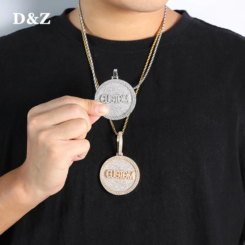 

D&Z New Custom Name Pendant Round Medallions Necklace Hollow Back Hip Hop Jewelry Personalized Cubic Zircon Chains Gift