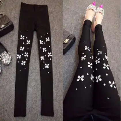 

Flower rhinestones with diamonds women spring autumn fashion mid waist skinny leggings 2XL