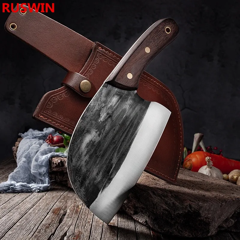 Forged Butcher Knife Full Tang Handmade High-carbon Clad Steel Kitchen Knives Cleaver Filleting Slicing Cutter Gift Knife Cover