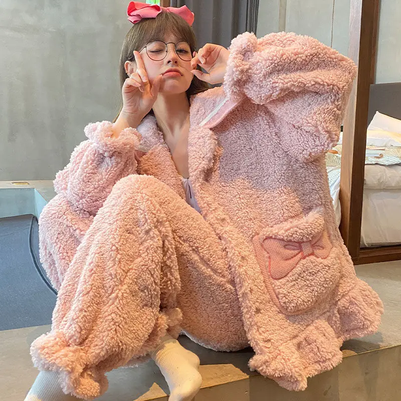 

Pajamas Sets For Female Warm Sleepwear Shirt&Pants Flannel 2 Pcs Lounge Wear Casual Nightwear Coral Fleece Lingerie Nightgown