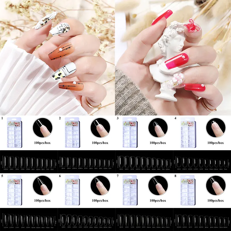 100pcs/box Transparent False nails T-shaped Water Drop fake nails press on nails Nail Short Tips Forms for extension Nail Square