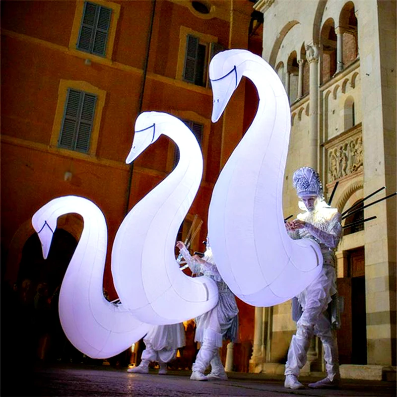 Outdoor Carnival Parade Performance Lighting Inflatable Swan Costume 2m Walking Animal Balloon Blow Up White Swan Suit For Show