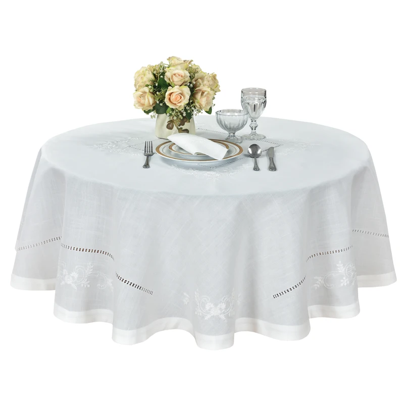 [874Camellia Casa]Elegant,Chamomile Hemstitch Tablecloth,Special Treated Polyester,LinenLook Washable,Whiht, Square/Oblong/Round