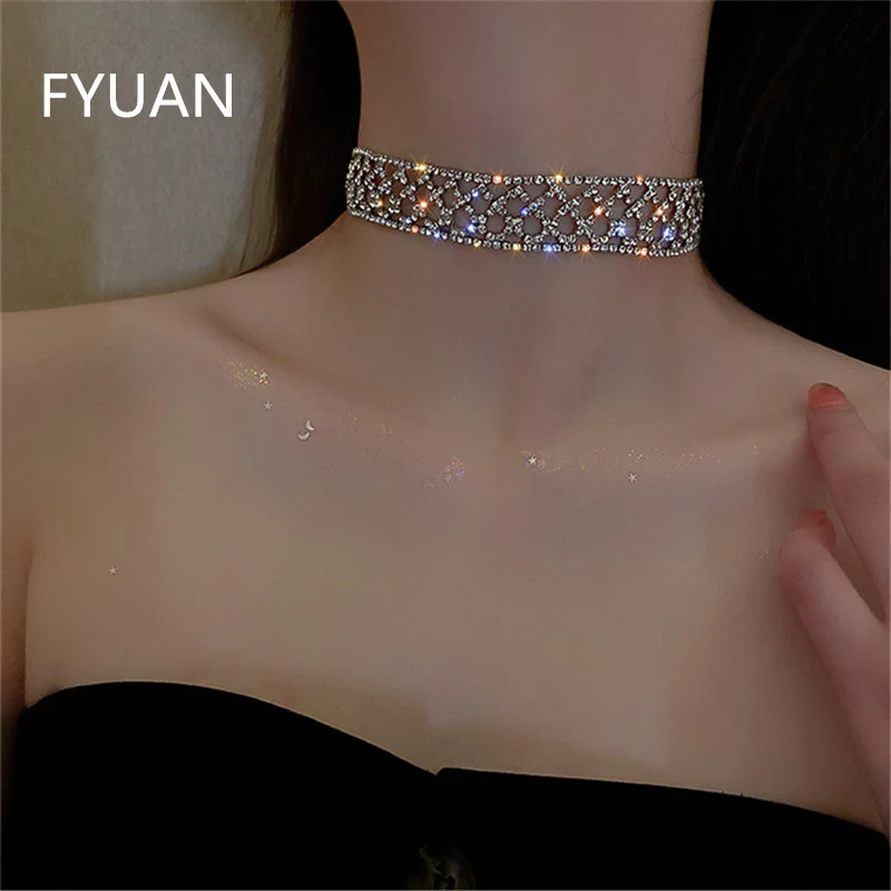 FYUAN Geometric Hollow Mesh Crystal Choker Necklaces for Women Short Chain Rhinestone Necklaces Statement Jewelry