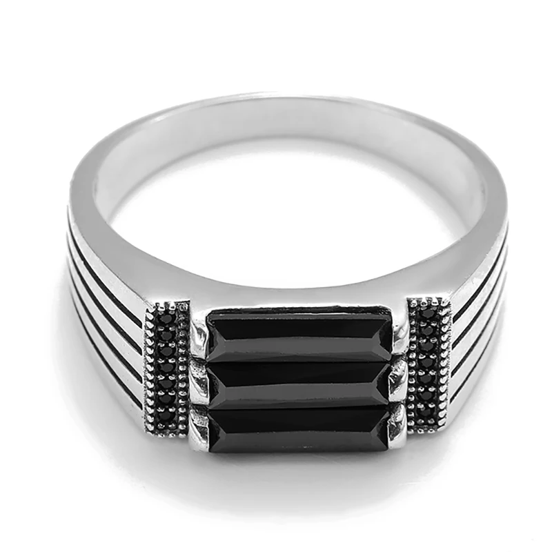 Simple Three Layer Black Stone Rings for Men Silver Color Rings Casual Jewelry Wholesale