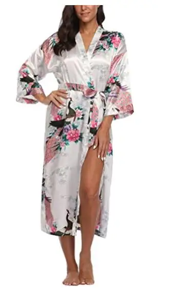 Sexy Lounge Casual Nightdess For Women Sleepwear Female Loose Print Flower Kimono Bathrobe Royal Blue Long Robe Gown With Belt