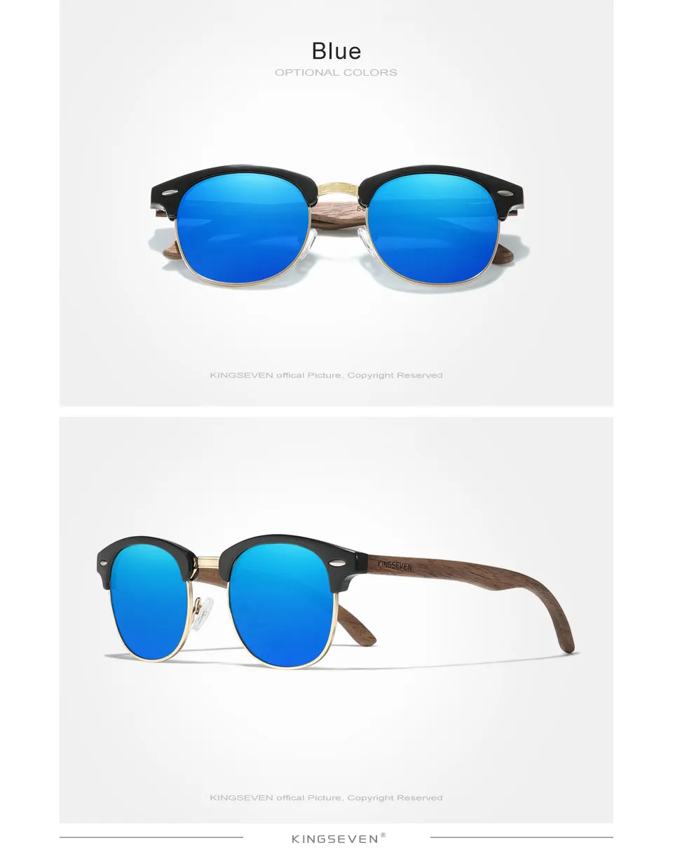 KINGSEVEN Marke Walnuss Sonnenbrille Männer Frauen Polarisierte UV400 Objektiv Holz Runde Rahmen Gläser Vintage Retro Luxus Brillen Patchwork – Detail 7