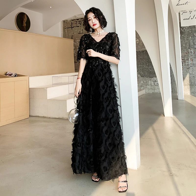 

wei yin AE0259 Black New Arrival Wedding Party Dress Sequined Formal V-neck Fashion Half Sleeve Sexy Party Gowns for Women