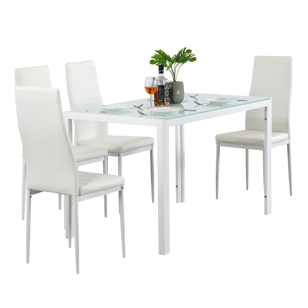 5 Piece Dining Table Set  Kitchen Room Breakfast Furniture  Glass Table and 4 Leather Chair for Kitchen Dining White