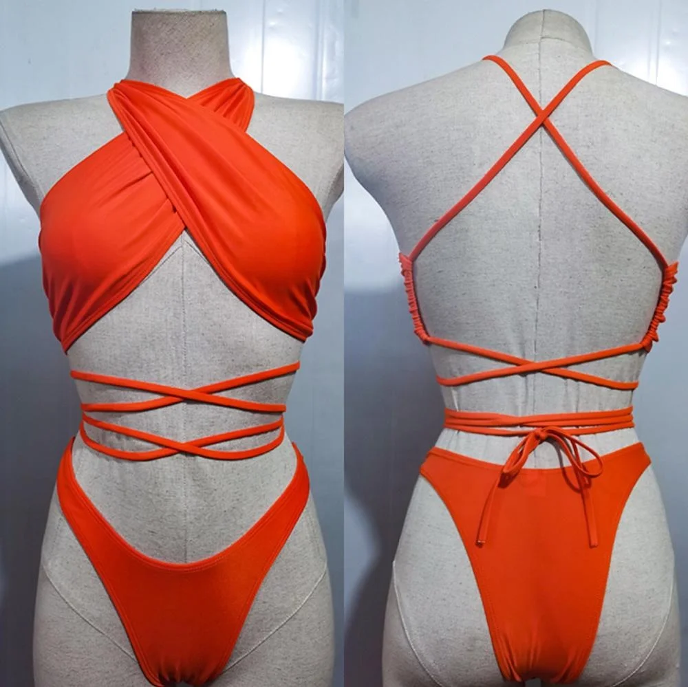 2024 Front String Tie Halter Cross T Style Bikinis Set Swimsuits Swimwear Two Piece Bathing Suit Silver Fluorescent Green Orange