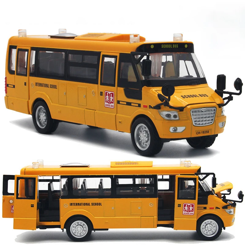 Simulation of United States School Bus Big Bus Alloy Car Model Sound and Light Pull Back Door Children\'s Toy Car