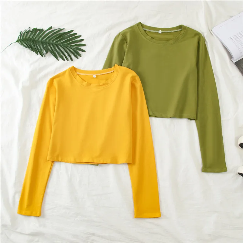 Women Long Sleeve T-shirts Autumn O-Neck Solid Ladies Casual Loose Brief Short T Shirt Tops Girls Crop Top Magliette Donna