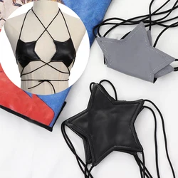 Sexy Women Leather Star Shape Strappy Bra Bustier Crop Top Bralette Hanging Neck Bandage Bra Reflective Silver Nightclub Vest