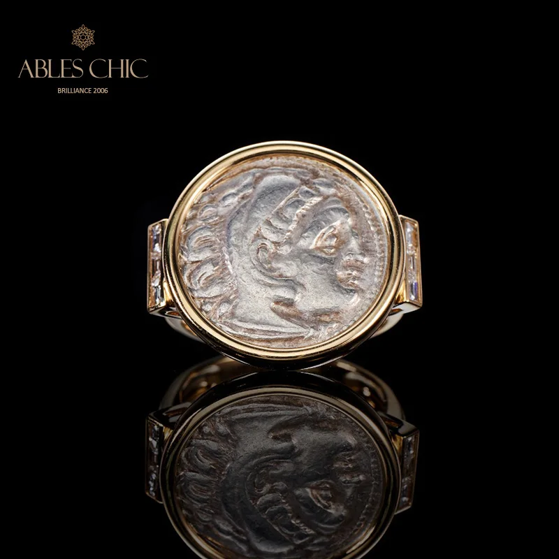 Solid 18K Gold Authentic Byzantine Ancient Heracles Silver Coin Ring Diamond 0.21ct Roman Rings