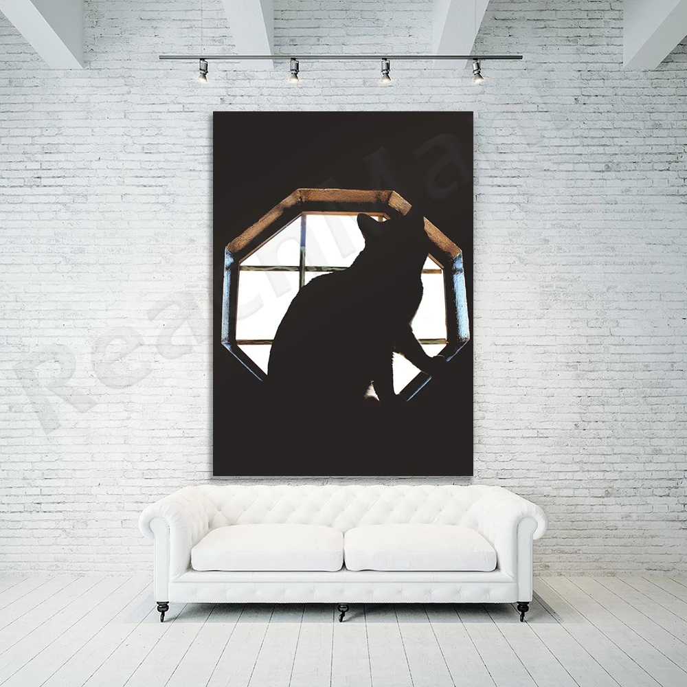 Cat In Octagon Window Silhouette Digital Print,Living Room Art, Poster Print, Printable Art