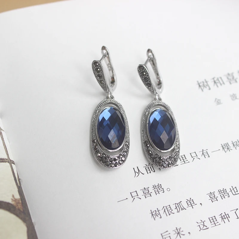 Ajojewel Oval Crystal Earrings With Blue Stone Retro Style Ear Drop Black Rhinestone Vintage Jewelry Wholesale