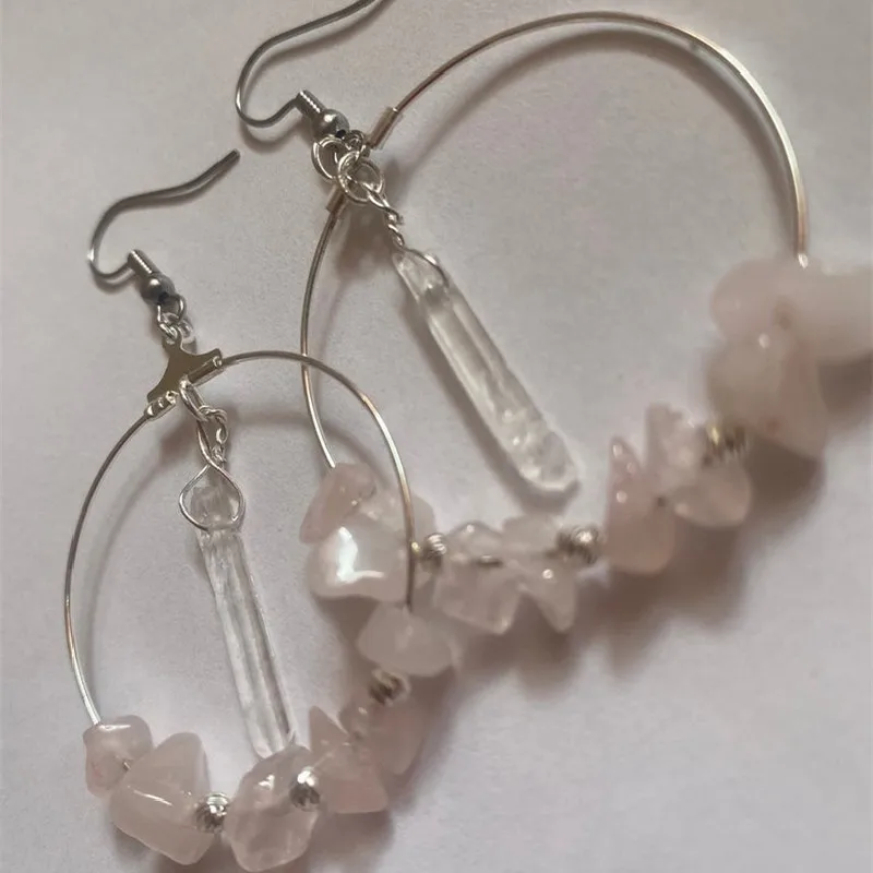 Bohemia Rose Quartz and Clear Crystal Hoop Earrings Stars Dangle Witch Jewelry Healing Halloween Statement Jewelry Women Gift
