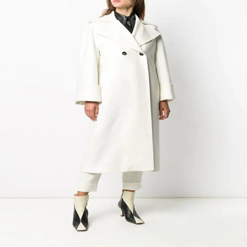 

Simple Double breasted Long Overcoat New Autumn Winter White Long Sleeve Women Elegant Slim Belt Trench Coats s1635