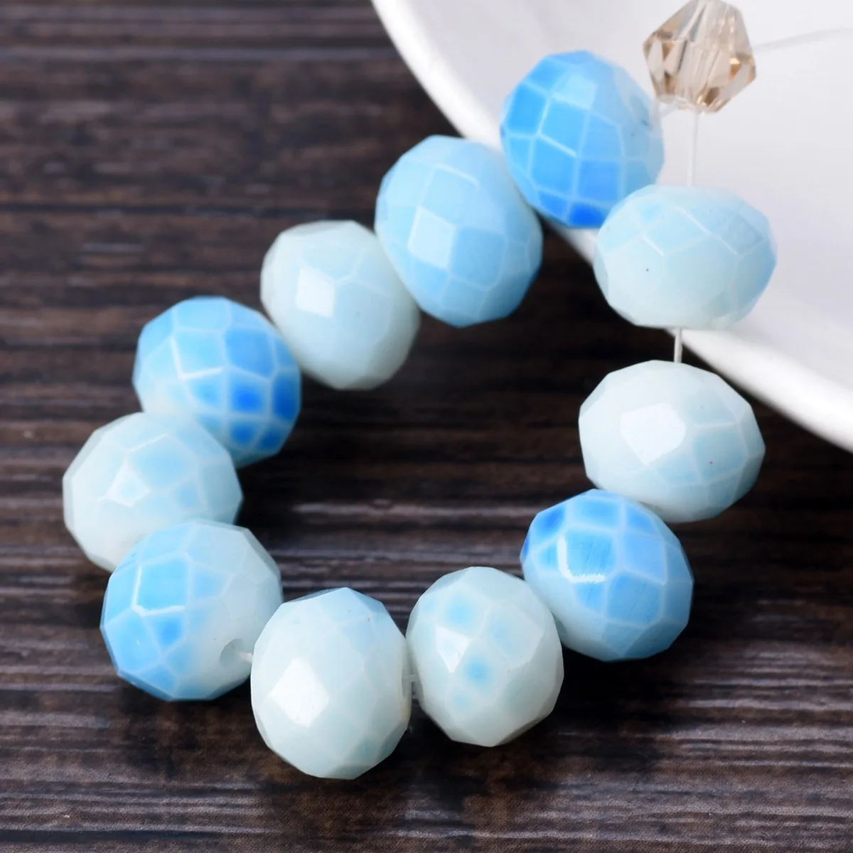 30pcs 10x8mm Rondelle Faceted Gradient Light Lake Blue Coated Opaque Glass Loose Crafts Beads for DIY Jewelry Making Findings