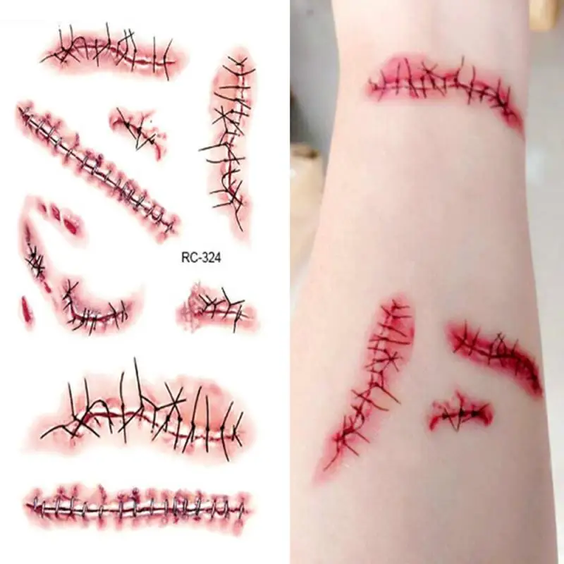 Halloween Terror Sticker Temporary Tattoo Stickers Non-toxic Long Lasting Terror Realistic Stitched Injuries Wounds Party Decor