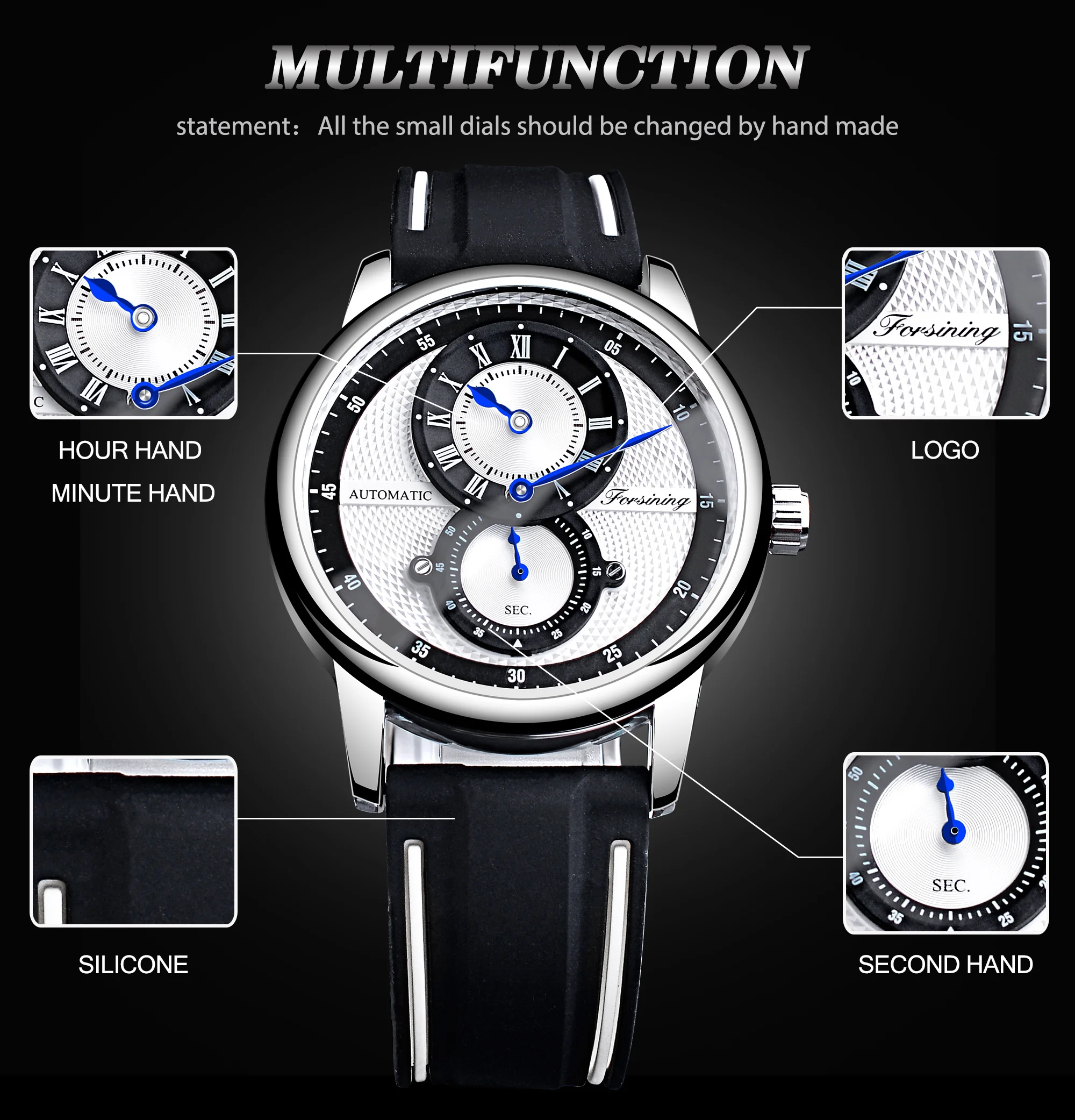 Forsining Double Dial Watch Men Automatic Wristwatch Waterproof Casual Mechanical Military Watches Sport Blue Pointer Clock