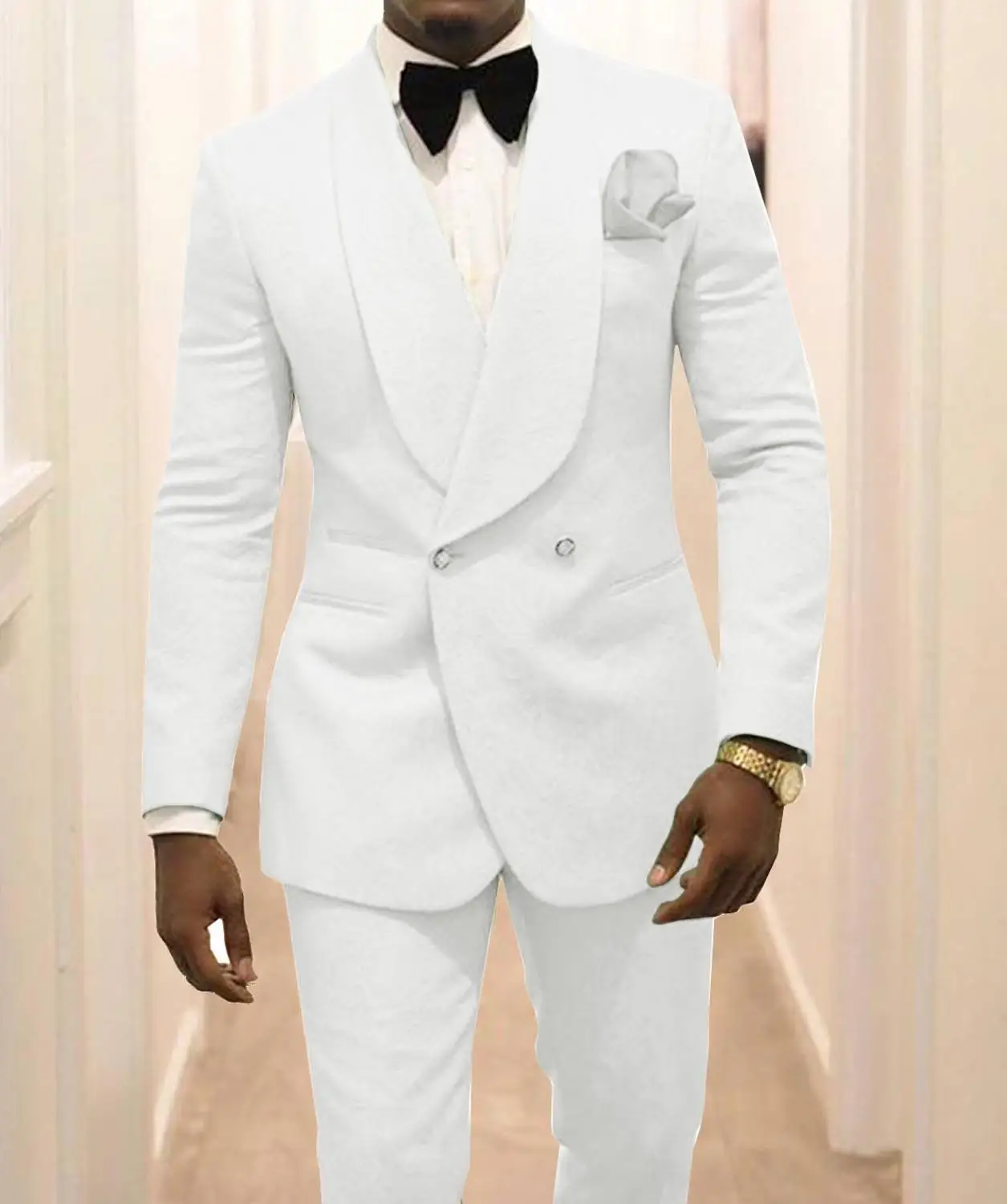 Custom Made Bruidsjonkers Wit Patroon Bruidegom Smoking Shawl Revers Men Suits 2 Stuks Wedding Beste Man (Jas + Broek + Tie) c922